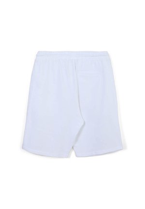 Pantaloncini bianchi in cotone con elastico in vita, caratterizzati da una tasca posteriore singola e una texture liscia. Nessun motivo o dettaglio decorativo.