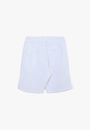 Pantaloncini bianchi in cotone con elastico in vita, caratterizzati da una tasca posteriore singola e una texture liscia. Nessun motivo o dettaglio decorativo.