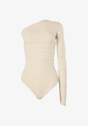 Beiger langärmeliger Bodysuit mit asymmetrischem One-Shoulder-Design. Verfügt über eine geraffte Textur, hochgeschnittene Beine und weichen, elastischen Stoff.