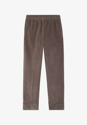 Brown corduroy pants with elastic waistband and straight legs, shown flat against a white background.