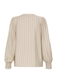 Könnyű, hosszú ujjú blúz krémszínben, finom, bézs színű függőleges csíkokkal. Rugalmas mandzsettákkal és kerekített nyakkivágással rendelkezik.