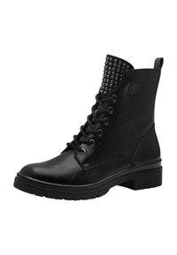 Bottines en cuir noir avec un laçage à l'avant, bout rond et accents texturés cloutés en haut. Présentent un petit talon carré et une semelle robuste.