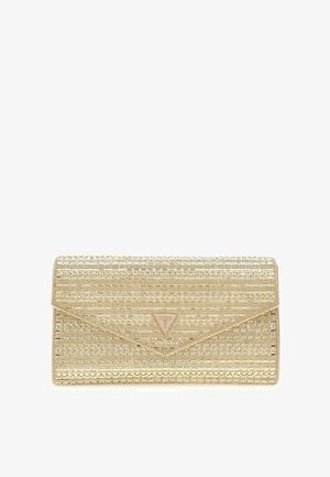 Auksinė rankinė su tekstūruotu paviršiumi, geometriniais raštais ir įspaustu logotipu ant trikampės metalinės plokštelės. Laiško tipo dizainas.