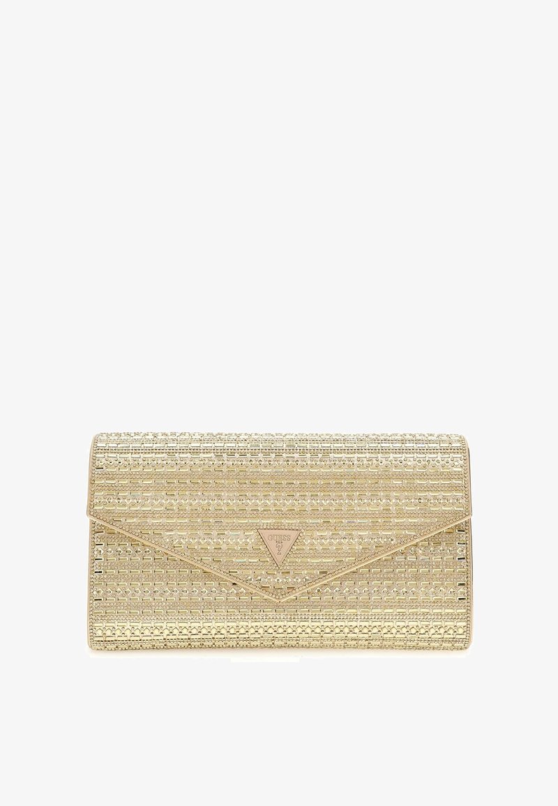 Auksinė rankinė su tekstūruotu paviršiumi, geometriniais raštais ir įspaustu logotipu ant trikampės metalinės plokštelės. Laiško tipo dizainas.
