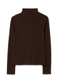 Bruine longsleeve coltrui gemaakt van zachte stof, met een strakke pasvorm en een gladde textuur met een nette afwerking aan de zoom en mouwen.