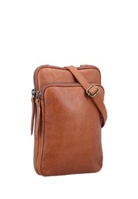 Brun lædertaske med to lynlåslommer og justerbar rem med metalspænde, stående oprejst på hvid baggrund.