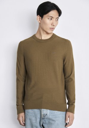 Maglione a maglia marrone con maniche lunghe, colletto e orlo a costine, con un piccolo logo ricamato sul petto. Indossato con jeans azzurri chiari.