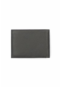 Czarny portfel skórzany o teksturowej powierzchni, prostokątnym kształcie i subtelnych przeszyciach wzdłuż krawędzi.