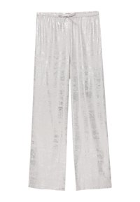 Pantalons larges en métal argenté avec une taille élastique et un détail de lien. Surface brillante avec une texture subtile et des rayures verticales.