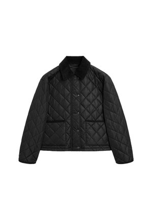 Black quilted jacket with a collar, snap closures, two front pockets, and shoulder seams. Features a boxy silhouette and smooth texture.