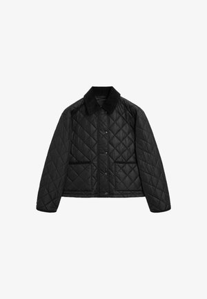 Schwarze gesteppte Jacke mit Kragen, Druckknopfverschluss, zwei Fronttaschen und Schulternaht. Sie hat eine kastige Silhouette und eine glatte Textur.