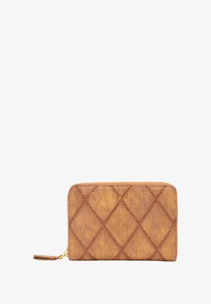 Quilted brown wallet made of textured material, featuring a gold zipper and embossed logo. Rectangular shape with a diamond pattern.