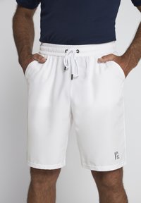 Weiße Badeshorts aus glattem Stoff, mit elastischem Bund, Kordelzug und seitlichen Taschen. Blaues Logo am Saum.