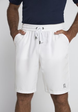 Weiße Badeshorts aus glattem Stoff, mit elastischem Bund, Kordelzug und seitlichen Taschen. Blaues Logo am Saum.
