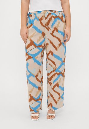 Pantalons larges légers à motifs avec un mélange de couleurs bleu, brun et beige, dotés d'une taille élastique et d'une texture fluide.