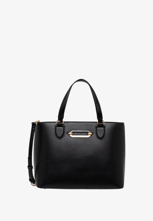 Bolso tote de cuero negro con asas dobles, acentos de hardware dorado y una correa de hombro desmontable. Textura suave y forma rectangular.