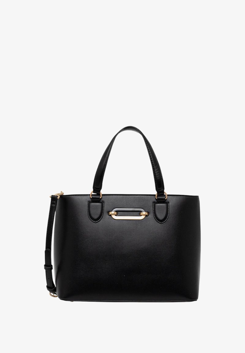 Svart läder tote bag med dubbla handtag, guldfärgade detaljer och avtagbar axelrem. Slät textur och rektangulär form.