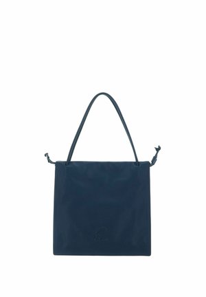 Dark blue rectangular handbag with thin shoulder strap and minimal stitching details, featuring a subtle embossed logo on front center.