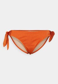 Parte de baixo de biquíni laranja com uma textura suave, apresenta detalhes de atar em ambos os lados e um forro bege contrastante por dentro.