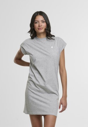 Gray cotton dress with short sleeves and a crew neckline. Features a small heart logo on the chest. Soft texture and relaxed fit.