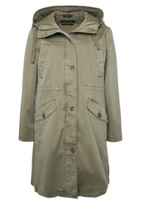 Khaki-zielony płaszcz wojskowy z kapturem, zapięcie na guziki, dwie przednie kieszenie oraz regulowane sznurki w kapturze dla lepszego dopasowania.
