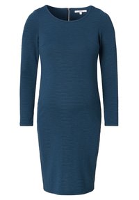 Abito blu a maniche lunghe realizzato in tessuto testurizzato con silhouette aderente. Presenta un collo rotondo e una chiusura con zip sul retro.
