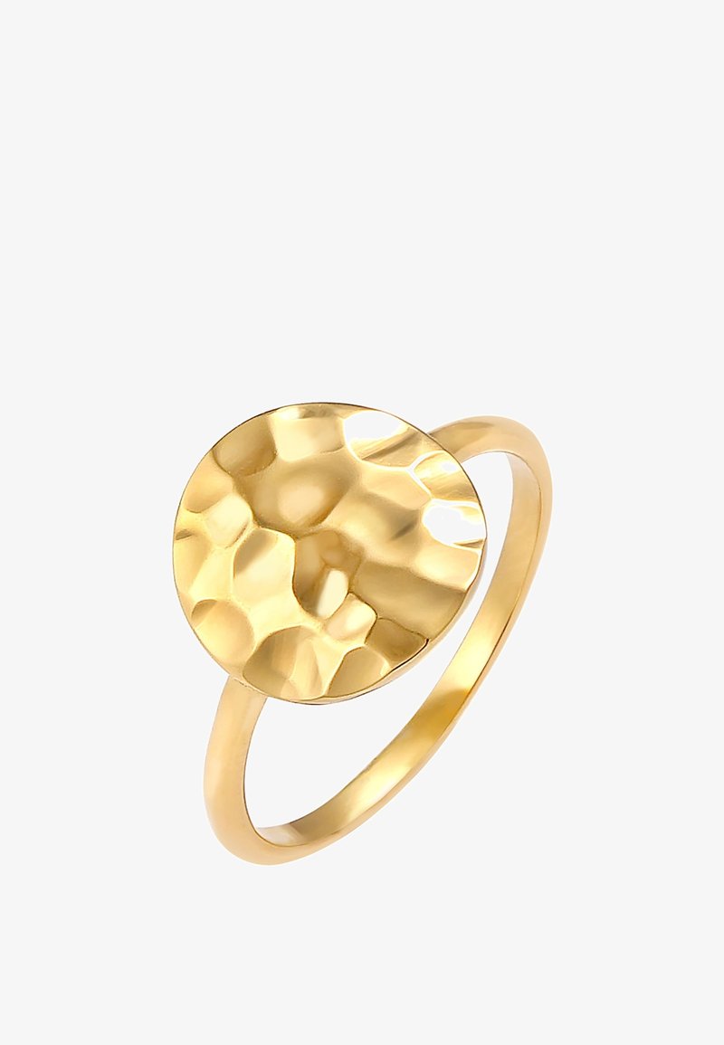 Bague en or avec une fine bande et un grand disque rond au centre, texturé martelé.
