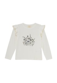 Vit långärmad skjorta med blommotiv, utrustad med volangärmar med texturerad kant. Mjuk bomullsmaterial, lättviktsdesign.