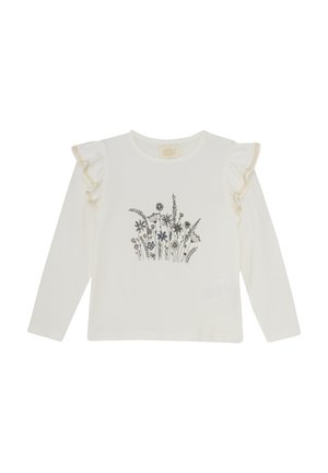 Langärmliges weißes Hemd mit floraler Illustration, ausgestattet mit gerüschten Ärmeln mit strukturiertem Saum. Aus weichem Baumwollmaterial, leichtes Design.