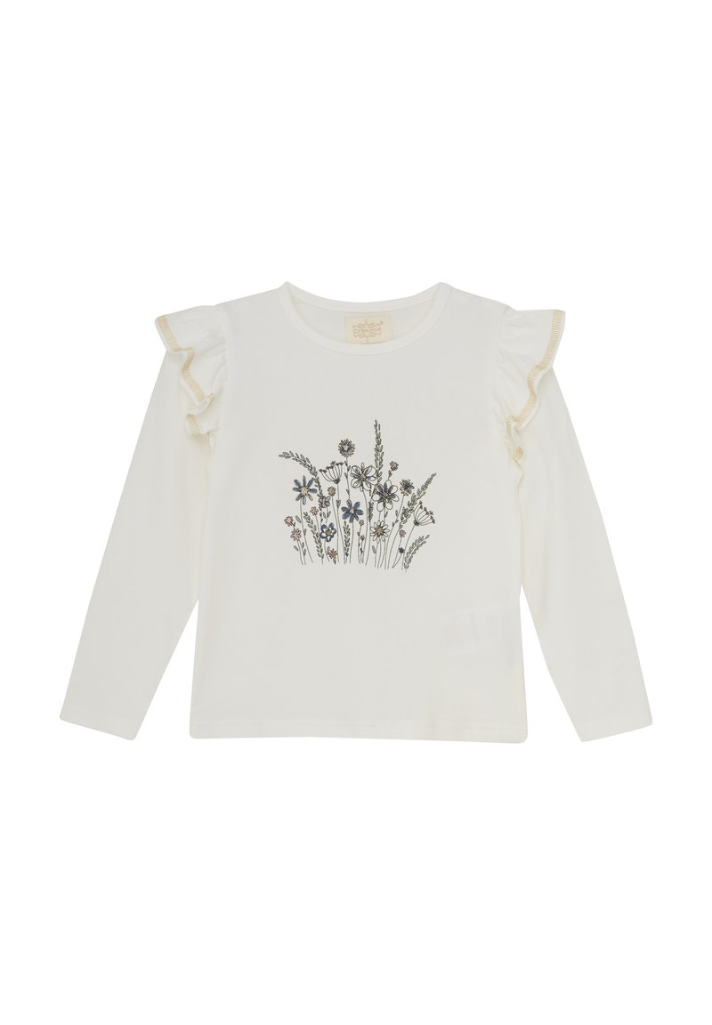 Vit långärmad skjorta med blommotiv, utrustad med volangärmar med texturerad kant. Mjuk bomullsmaterial, lättviktsdesign.