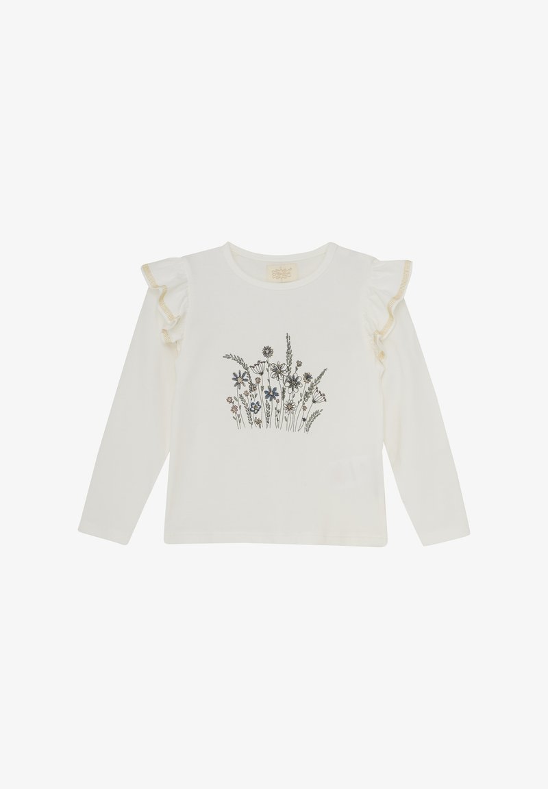 Langärmliges weißes Hemd mit floraler Illustration, ausgestattet mit gerüschten Ärmeln mit strukturiertem Saum. Aus weichem Baumwollmaterial, leichtes Design.