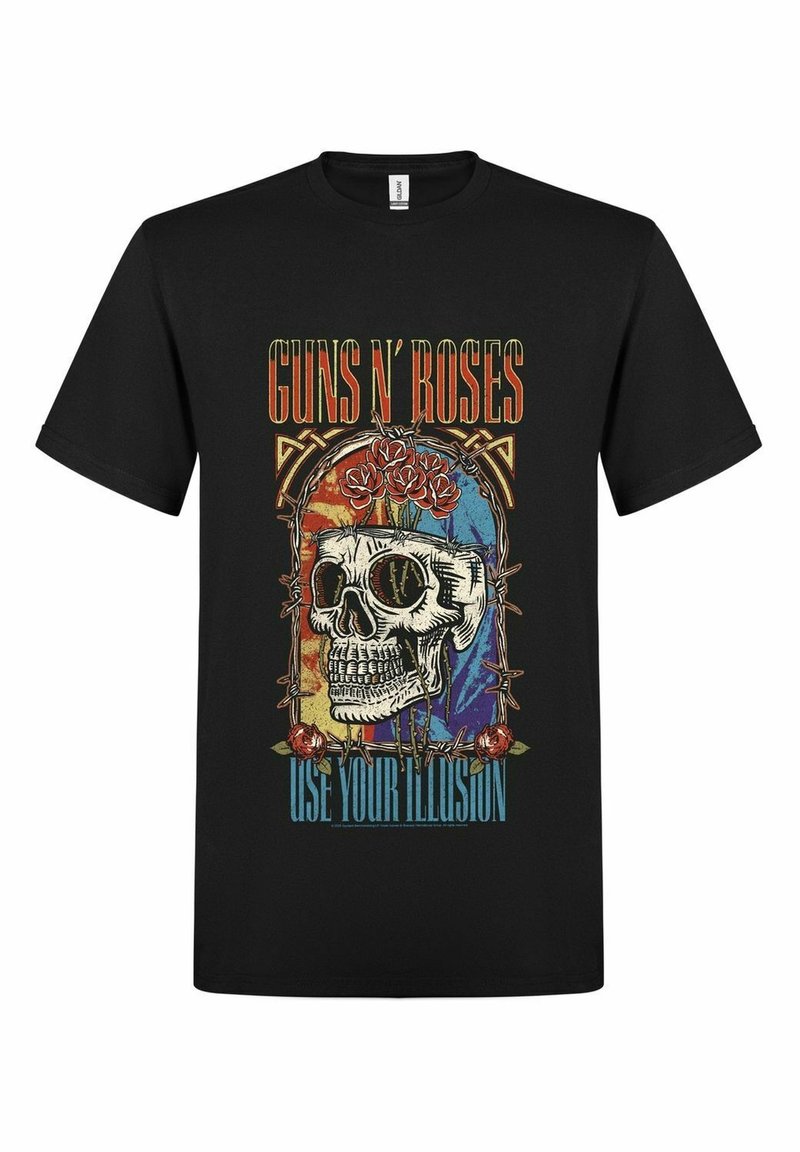 Černé bavlněné tričko s barevným potiskem lebky s růžemi a ostnatým drátem, a textem "GUNS N' ROSES" a "USE YOUR ILLUSION".