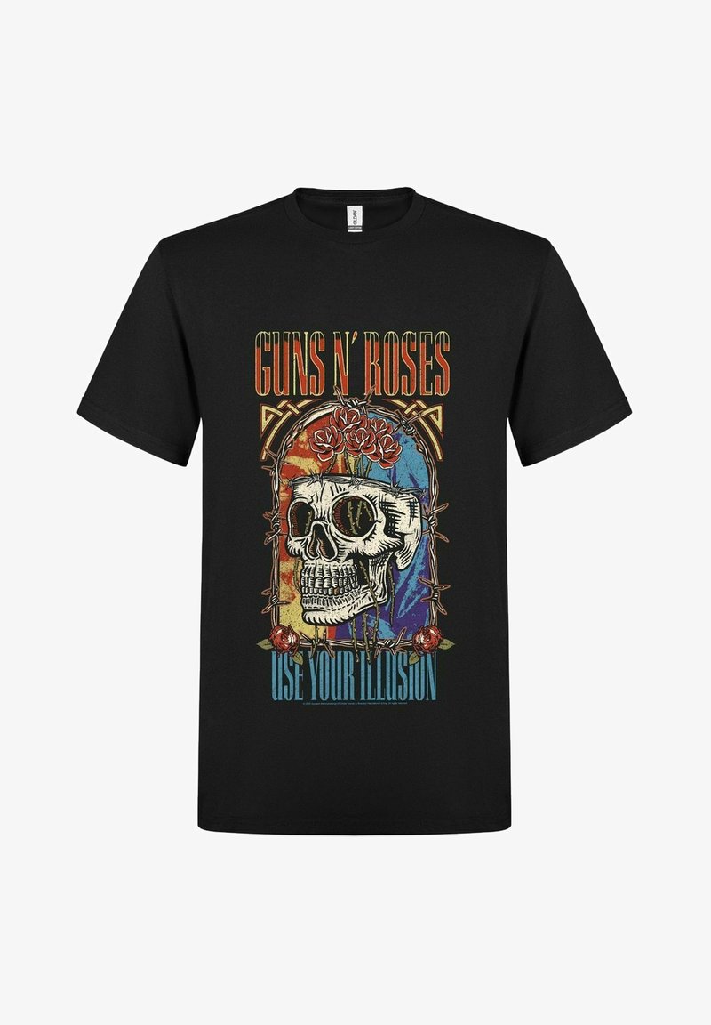Černé bavlněné tričko s barevným potiskem lebky s růžemi a ostnatým drátem, a textem "GUNS N' ROSES" a "USE YOUR ILLUSION".