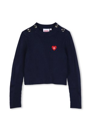 Marineblauwe geribde trui met lange mouwen, met knoopdetails op de schouders en een klein rood hartlogo op de borst.