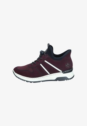 Maroon suede athletic shoe with black accents, textured mesh upper, elastic lace system, and white midsole. Features three white stripes.