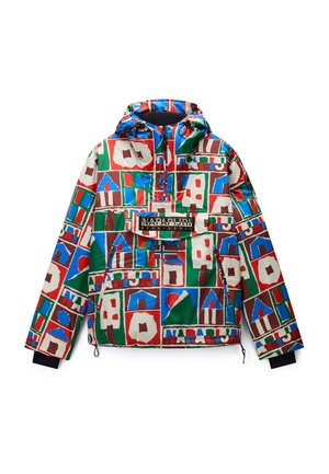 Bunte Kapuzenjacke mit roten, grünen, blauen und weißen geometrischen Hausformen und einer Fronttasche mit Napapijri-Logo-Patch.