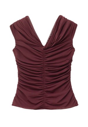 Burgundy sleeveless top made of stretchy fabric, featuring a deep V-neck, gathered detailing at the front and sides, and a fitted silhouette.