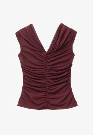 Burgunderfarbene ärmellose Bluse aus dehnbarem Stoff, mit tiefem V-Ausschnitt, Raffung vorne und an den Seiten sowie einer figurbetonten Silhouette.
