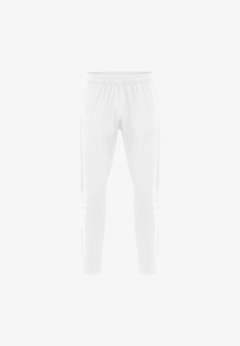 Weiße Sporthose mit elastischem Bund, schmal zulaufenden Beinen, Seitentaschen und Druckknöpfen entlang der äußeren Nähte. Dezentes Logodetail vorhanden.