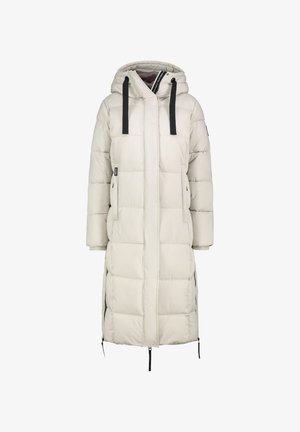 Hellgraue Steppjacke mit Kapuze, ausgestattet mit schwarzen Kordeln, seitlichen Reißverschlusstaschen und einem knielangen Design mit gestepptem Muster.