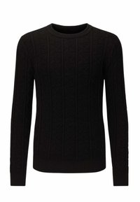 Schwarzer Strickpullover mit langen Ärmeln, strukturiertem Muster, gerippten Bündchen und Saum, rundem Ausschnitt und figurbetontem Design.