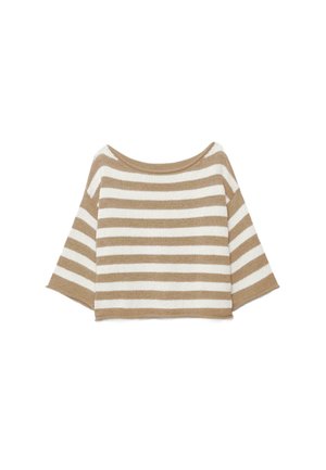 Maglione a righe orizzontali beige e bianche in maglia, con ampie maniche larghe fino al gomito e scollatura rotonda ampia.