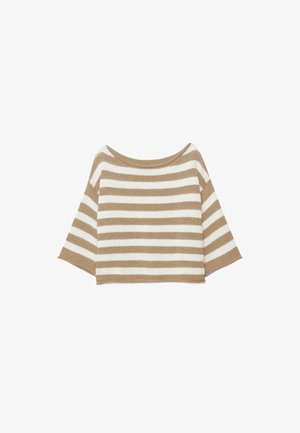 Maglione a righe orizzontali beige e bianche in maglia, con ampie maniche larghe fino al gomito e scollatura rotonda ampia.
