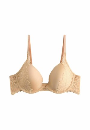 Béžová krajková podprsenka s vycpanými košíčky, květinovou krajkovou lemovkou a nastavitelnými ramínky. Disponuje hladkým, bezešvým designem a detaily zapínání na zadní straně.