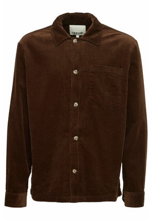 Brown corduroy shirt with a collar, front button-up closure, one chest pocket, and ribbed texture throughout. Short sleeves with buttoned cuffs.