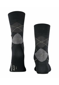 Czarne skarpetki w wzory z szarym diamentowym motywem, z teksturowanym wykończeniem i subtelnymi złotymi akcentami wzdłuż krawędzi diamentu.