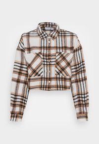 Krócona koszula flanelowa w białą, brązową i czarną kratę, z długimi rękawami, kołnierzykiem, zatrzaskami i dwoma przednimi kieszeniami. Miękka w dotyku.
