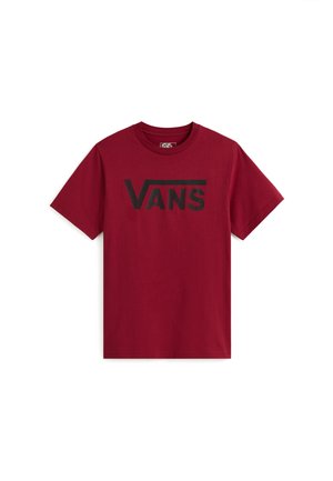Czerwona bawełniana koszulka z krótkim rękawem, z dużym czarnym logo "VANS" na piersi, okrągłym dekoltem i jednolitą, gładką strukturą.