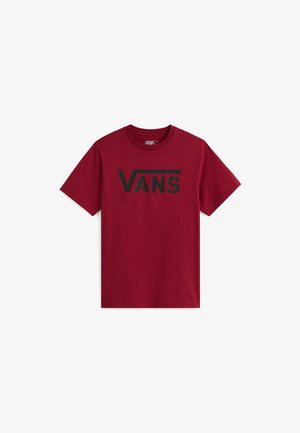 Camiseta de algodón roja con un gran logo negro de "VANS" en el pecho, cuello redondo y mangas cortas. Diseño de color sólido sin textura.