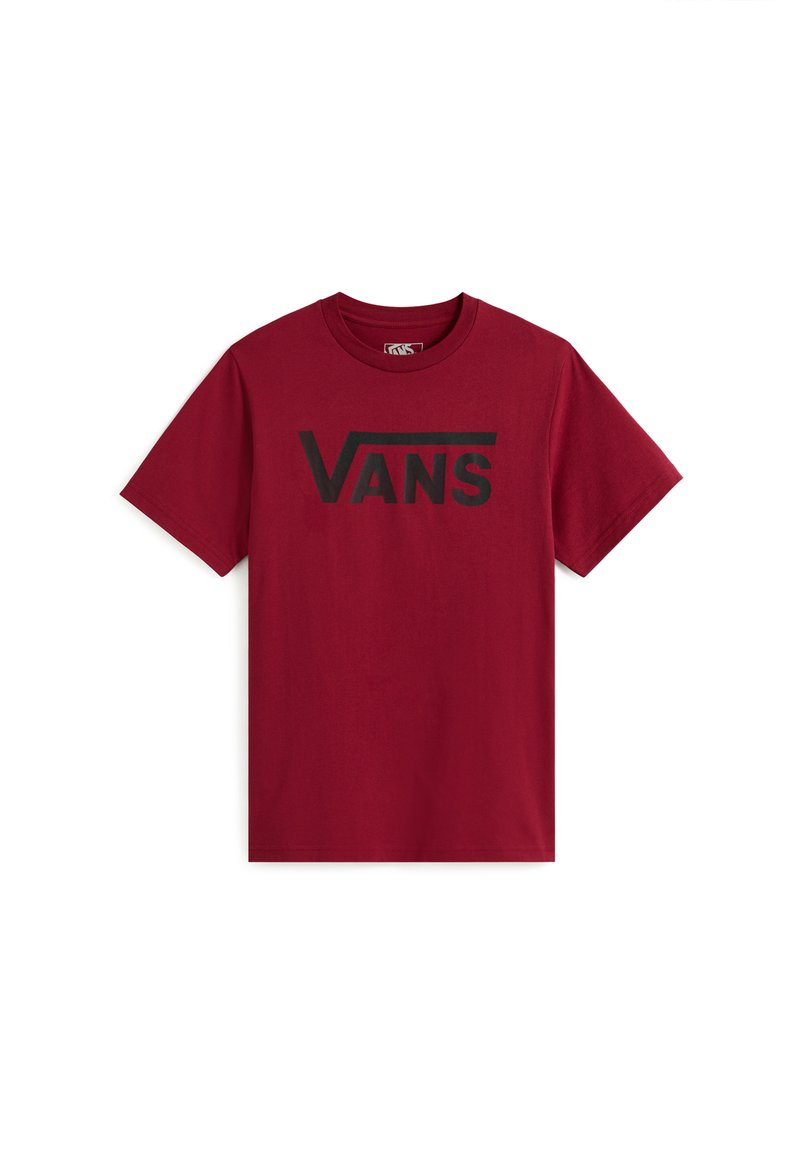 Czerwona bawełniana koszulka z krótkim rękawem, z dużym czarnym logo "VANS" na piersi, okrągłym dekoltem i jednolitą, gładką strukturą.